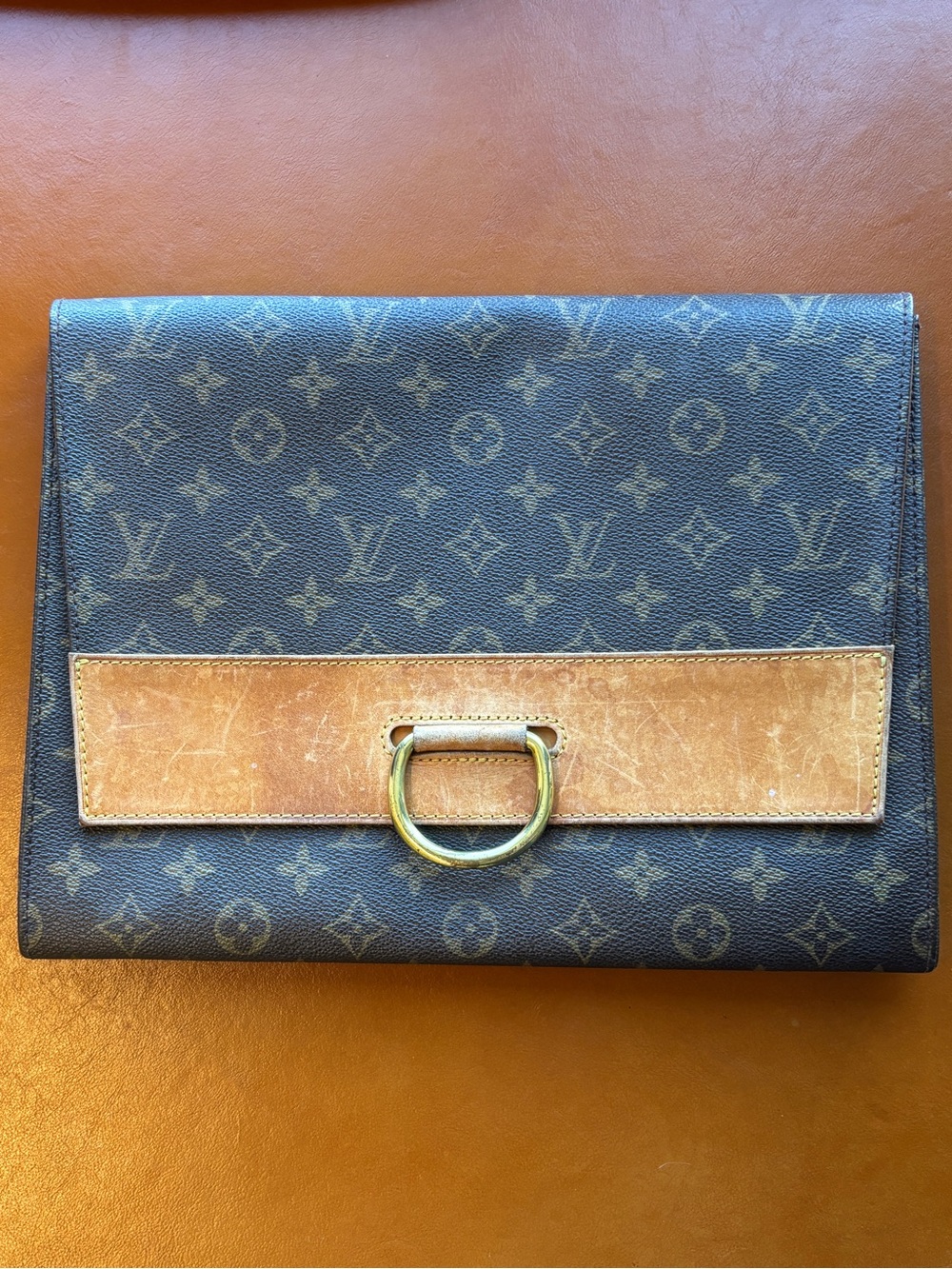 Louis Vuitton Monogram Canvas Brown & Tan Fold-Over Clutch with Gold Ring